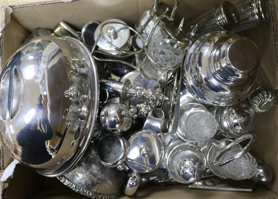 A quantity of plated items including a cocktail shaker, cruet stand etc